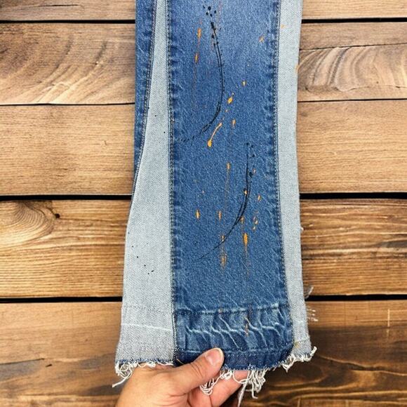 Boohoo Man Womens 32 Boho Flare Leg Paint Splatter blue Jeans denim new pants - Picture 6 of 7